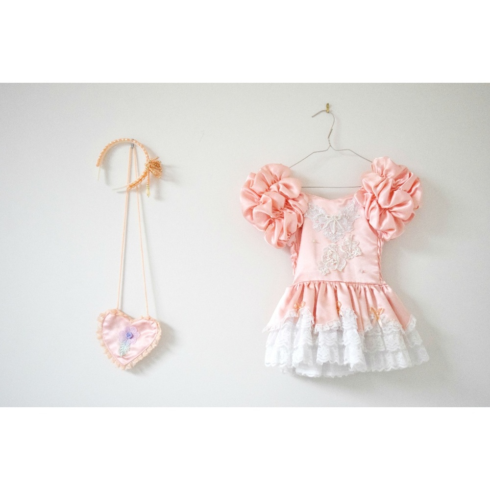 Satin Peach Frill Lace Baby Princess Gown Dress w/ Pearl Headband + Purse